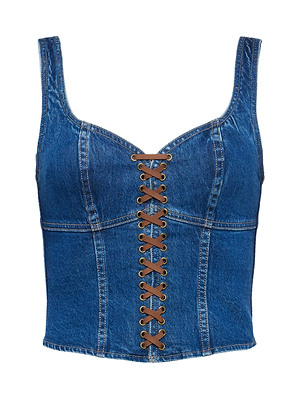 The Nayeli Corset Top by L'AGENCE Sale is a sleeveless blue stretch denim piece featuring visible stitching and brown vegan suede lace-up detail down the center front.