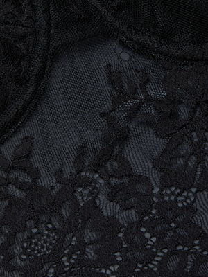 Close-up of the Lori Lace Bustier Top by L'AGENCE, featuring intricate floral lace and sheer mesh details. Delicate threads highlight its fine texture—an elegant choice for elevating your evening style.