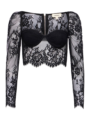 The Lori Lace Bustier Top by L’AGENCE features black floral lace, long sheer sleeves, a sweetheart neckline, structured cups, and a back zipper—ideal for an elegant evening look.