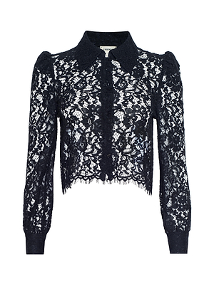 The Anita Lace Blouse by L'AGENCE is a romantic black, long-sleeved blouse with a collar and button-down front, featuring sheer detailing and intricate floral lace patterns.