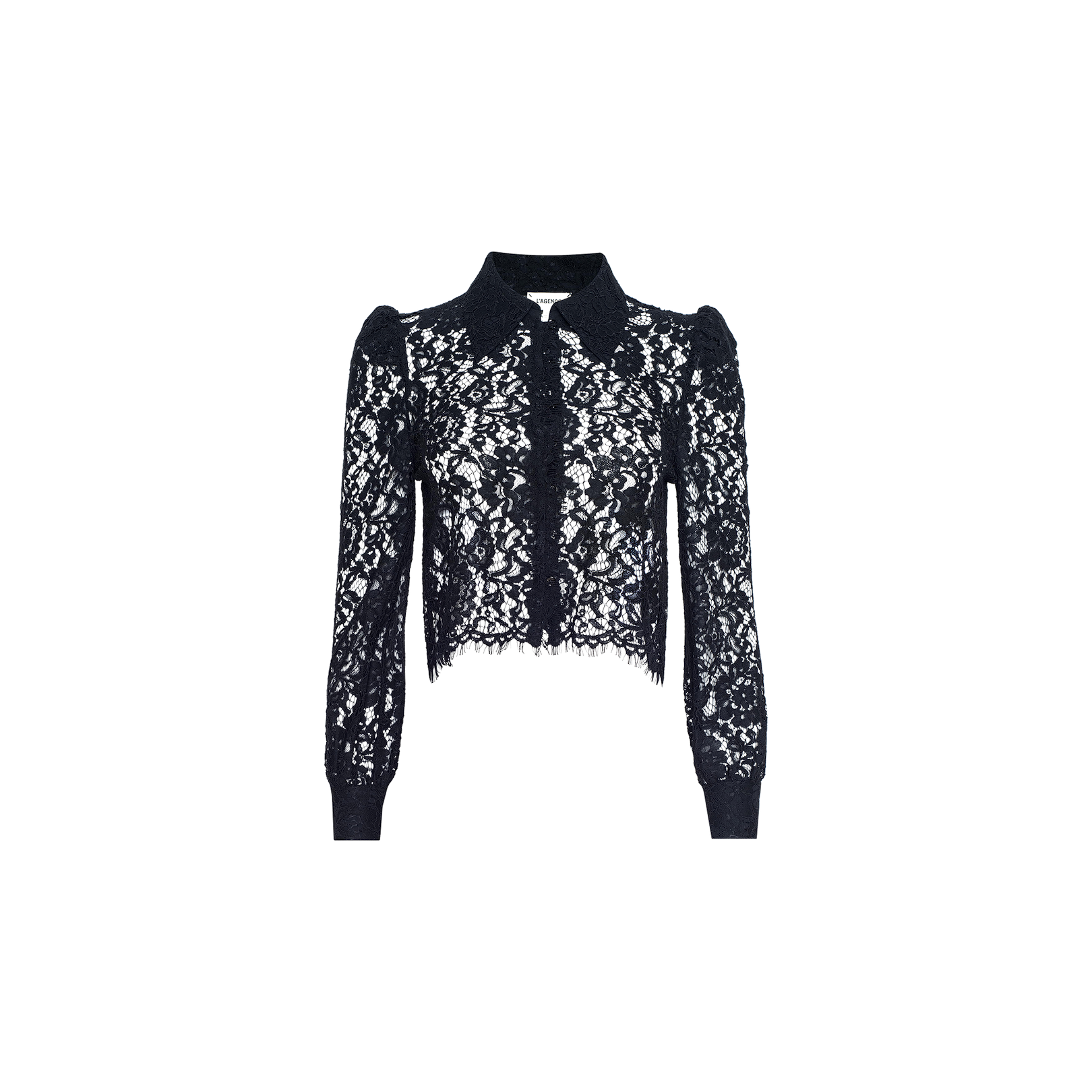 The Anita Lace Blouse is a black, long-sleeve button-down blouse with a collar, crafted from see-through floral lace. It features a delicate floral pattern, puffed shoulders, scalloped hem, and offers a fitted silhouette.