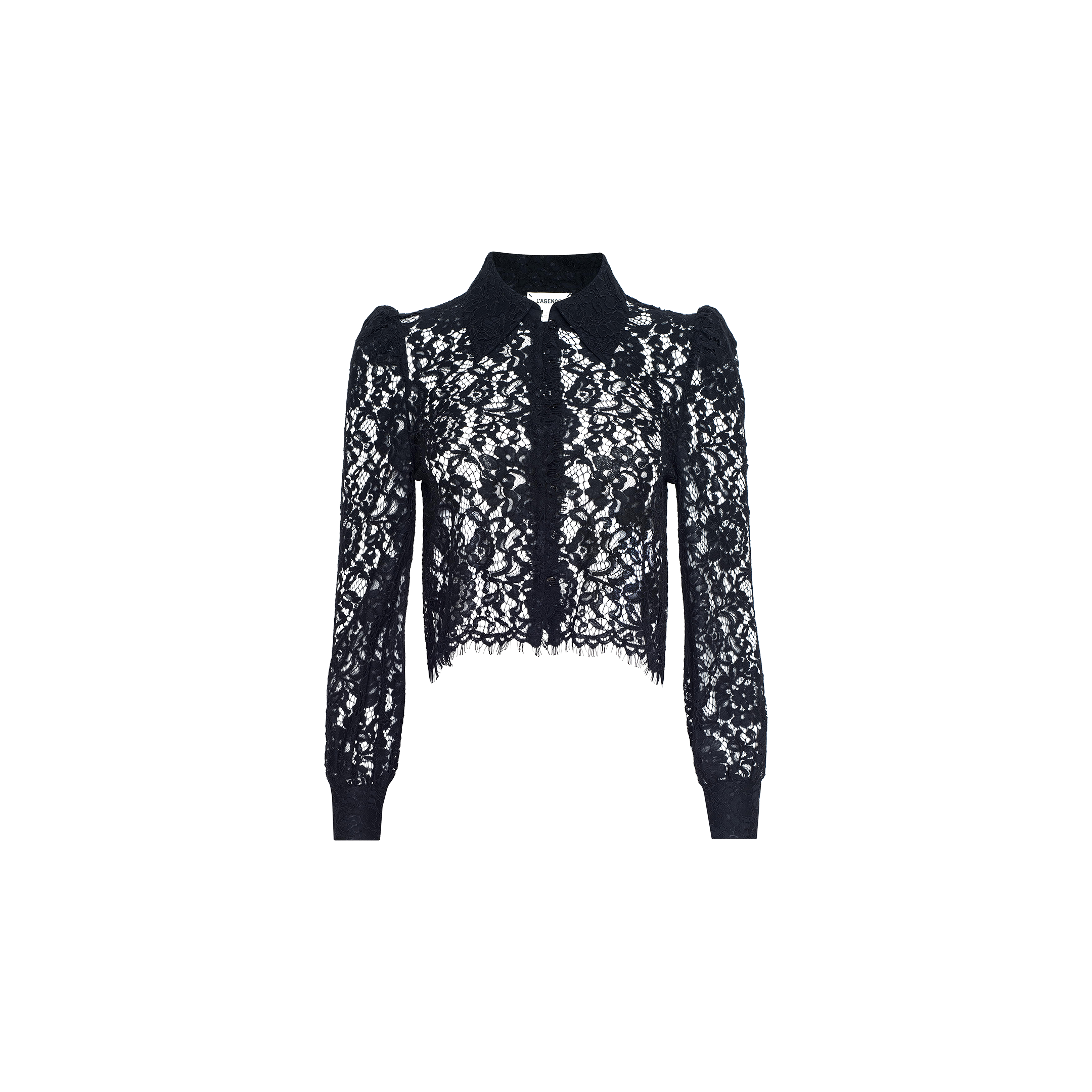 The Anita Lace Blouse is a black, long-sleeve button-down blouse with a collar, crafted from see-through floral lace. It features a delicate floral pattern, puffed shoulders, scalloped hem, and offers a fitted silhouette.