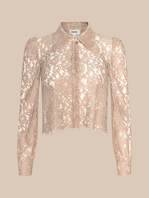 Sheer, long-sleeve, light beige lace blouse with a pointed collar and button-down front, featuring intricate floral patterns and a scalloped hem, displayed on a plain beige background.