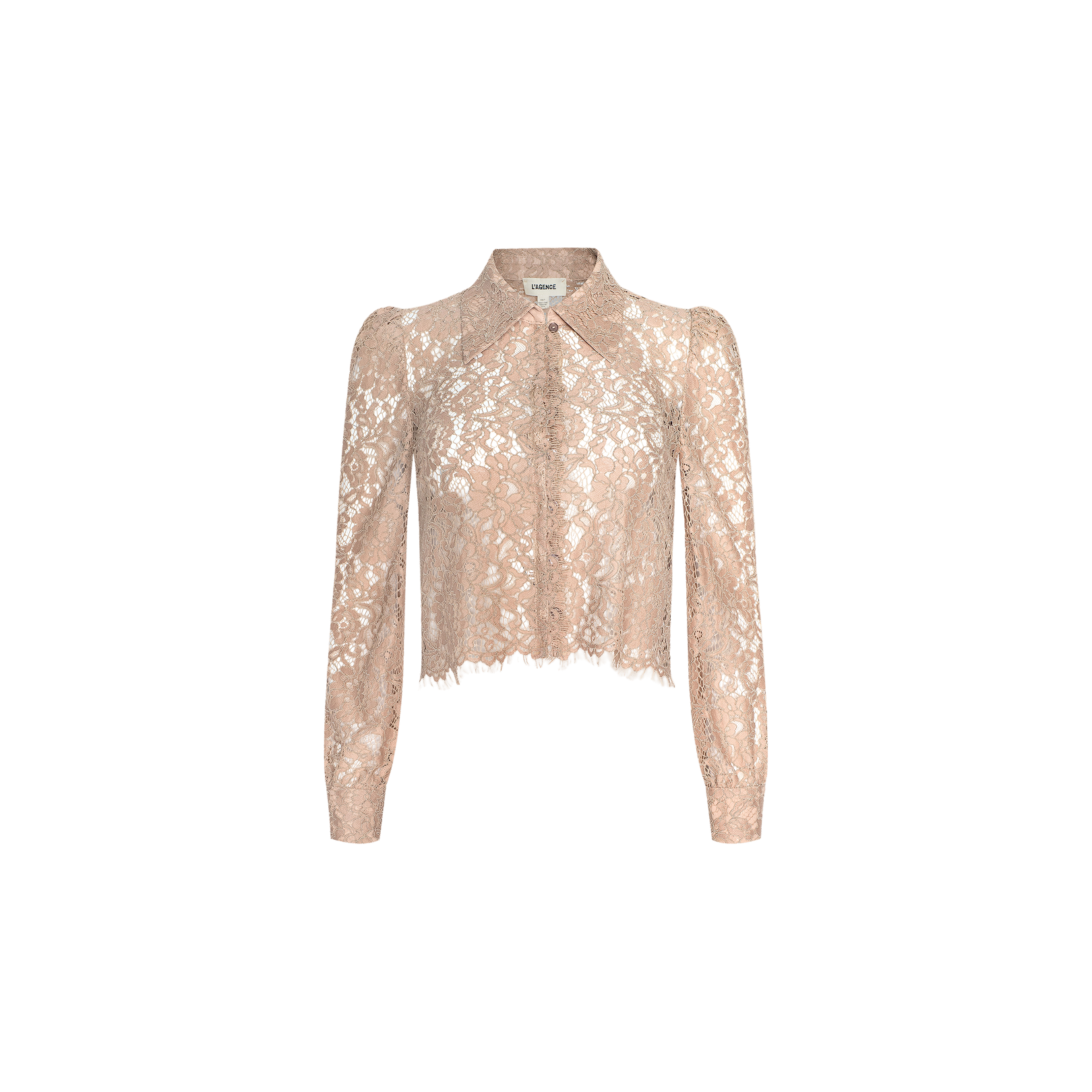 The Anita Lace Blouse is a sheer, long-sleeve floral lace top in light pink, featuring a collared neckline, button-down front, and scalloped hem, shown against a plain white background.