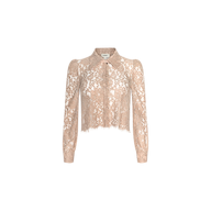 The Anita Lace Blouse is a sheer, long-sleeve floral lace top in light pink, featuring a collared neckline, button-down front, and scalloped hem, shown against a plain white background.
