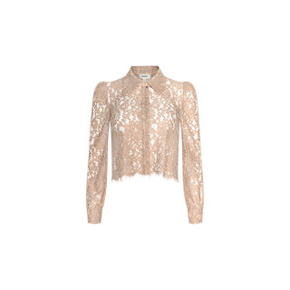 The Anita Lace Blouse is a light pink, long-sleeve cropped blouse crafted from semi-sheer floral lace. Featuring a classic collar, button-down front, and scalloped hem, this blouse showcases an intricate floral pattern throughout. Displayed on a plain white background.