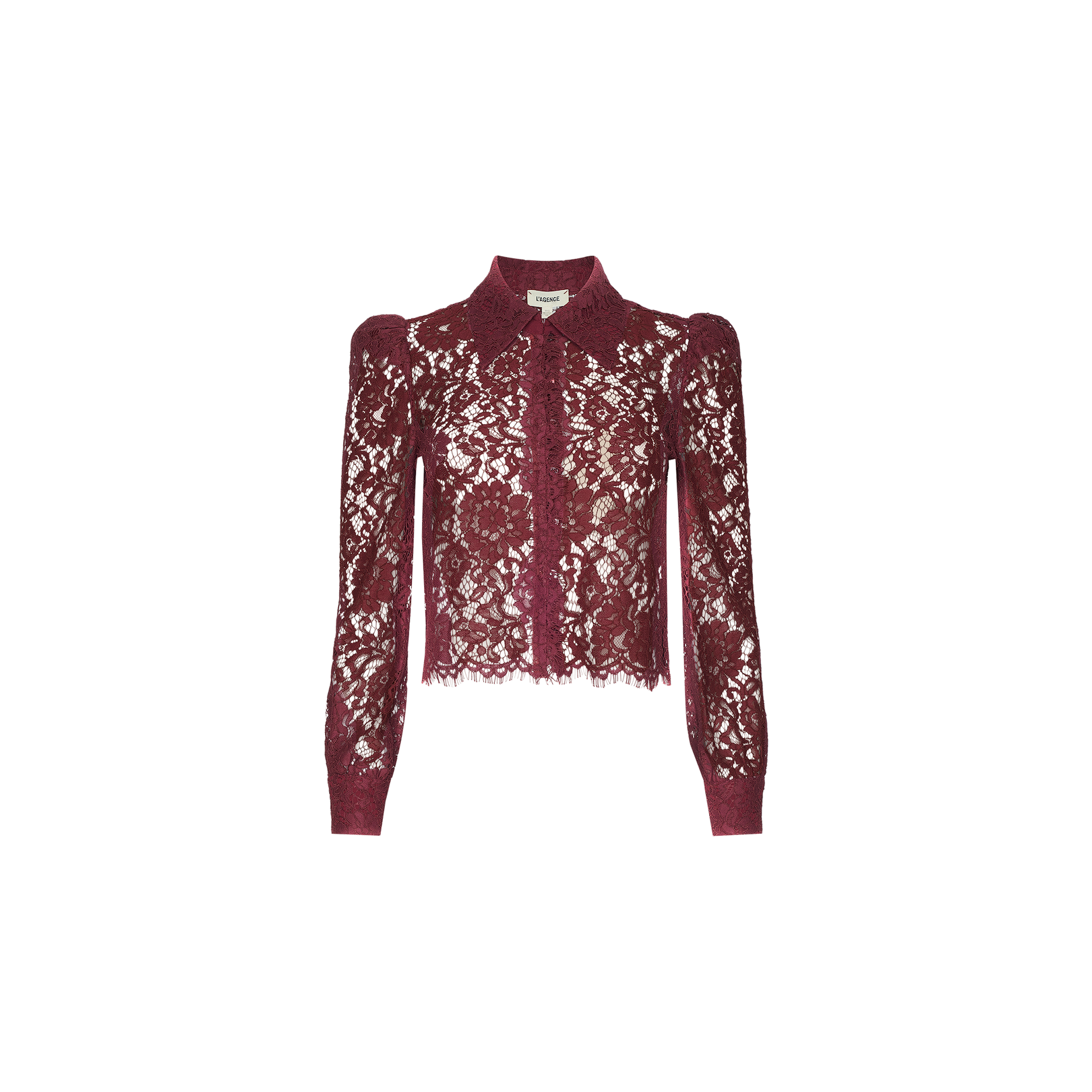 The Anita Lace Blouse is a romantic, long-sleeved burgundy lace blouse with a collar and button-down front, featuring intricate floral patterns and a scalloped hem, displayed on a white background.