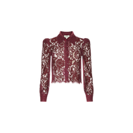 The Anita Lace Blouse is a romantic, long-sleeved burgundy lace blouse with a collar and button-down front, featuring intricate floral patterns and a scalloped hem, displayed on a white background.