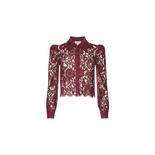The Anita Lace Blouse is a long-sleeved, burgundy top featuring romantic floral lace patterns, a pointed collar, and a button-down front, shown against a plain white background.