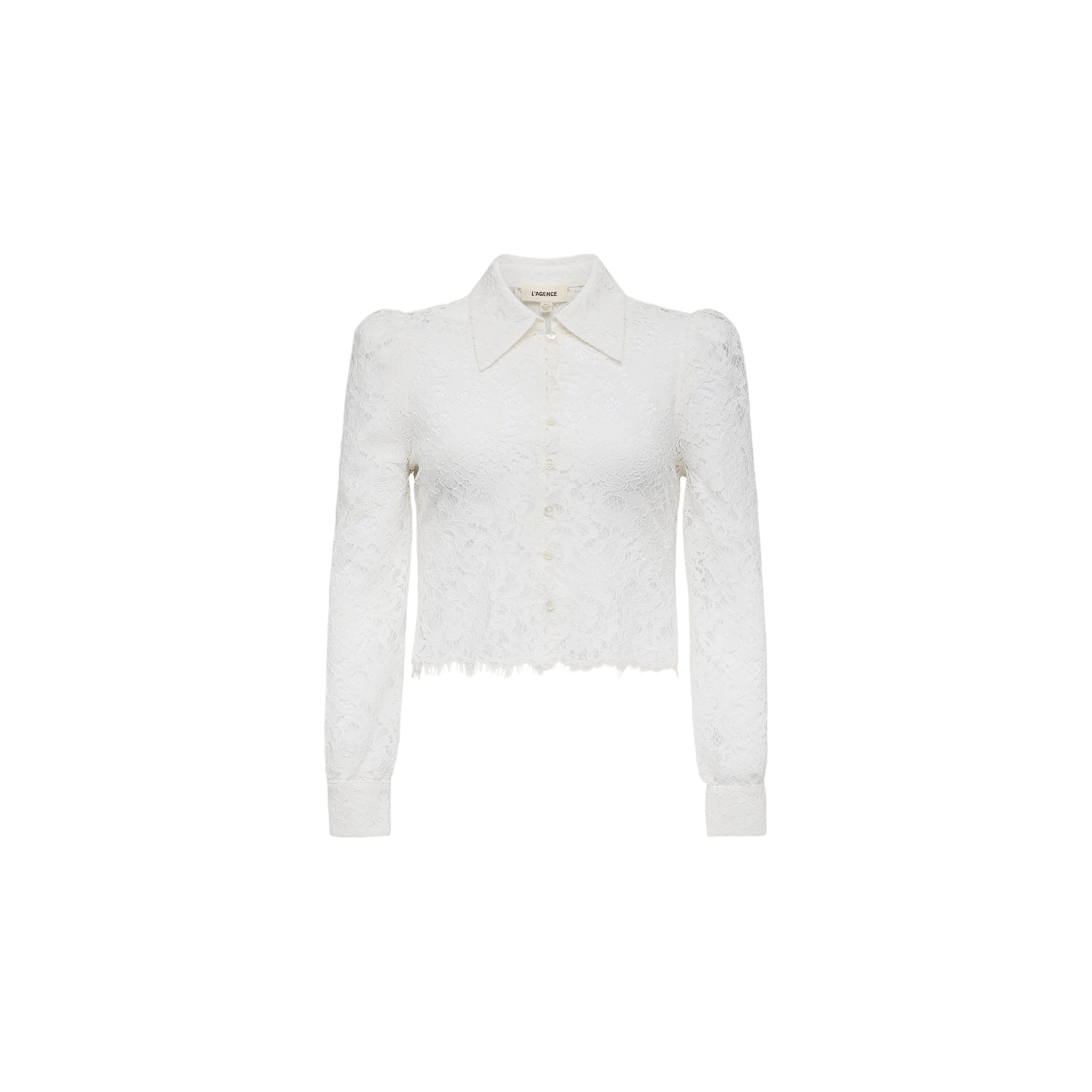 Introducing the Anita Lace Blouse—a white, long-sleeve top with a collared neckline, button-down front, and cropped hem. This romantic blouse showcases a delicate floral lace pattern and fitted cuffs for an elegant finish.