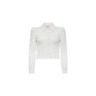 Introducing the Anita Lace Blouse—a white, long-sleeve top with a collared neckline, button-down front, and cropped hem. This romantic blouse showcases a delicate floral lace pattern and fitted cuffs for an elegant finish.