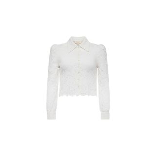 Introducing the Anita Lace Blouse—a white long-sleeve blouse featuring a collared neckline, button-down front, and a slightly cropped hem. This elegant top is adorned with delicate floral lace patterns, fitted cuffs, and a feminine scalloped edge for a sophisticated finish.