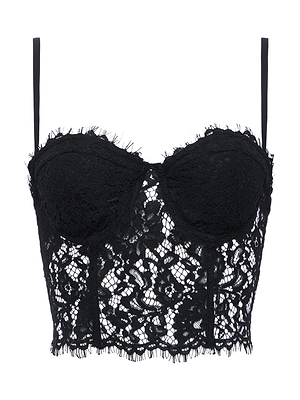 The Raquel Lace Bustier by L'AGENCE features thin adjustable straps, underwire cups, and delicate black floral lace with frayed edges, sculpting a chic silhouette against a plain white background.