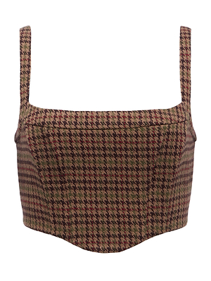 The Tiffany Corset Top by L'AGENCE is a cropped, sleeveless design with wide straps, showcasing a brown and maroon houndstooth print against a white background.