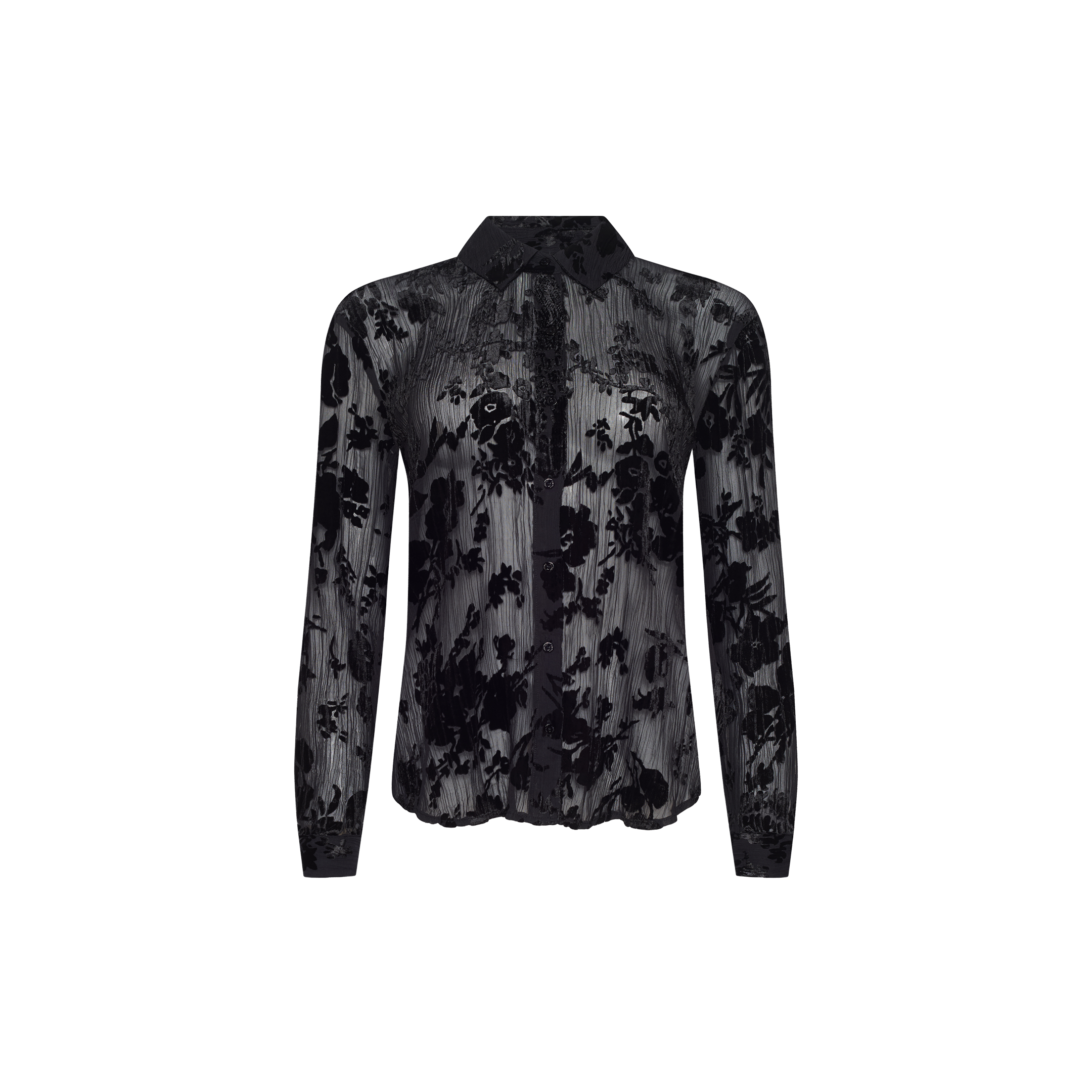 Laurent Velvet Blouse, a sheer black long-sleeved button-up in a relaxed fit with a floral devoré velvet pattern.