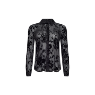 Laurent Velvet Blouse, a sheer black long-sleeved button-up in a relaxed fit with a floral devoré velvet pattern.