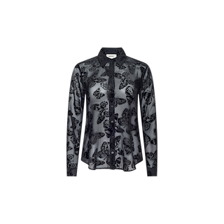 Laurent Velvet Blouse — a relaxed fit, long-sleeve button-up blouse with a collar, featuring a black butterfly print pattern on translucent fabric, is displayed against a plain white background.