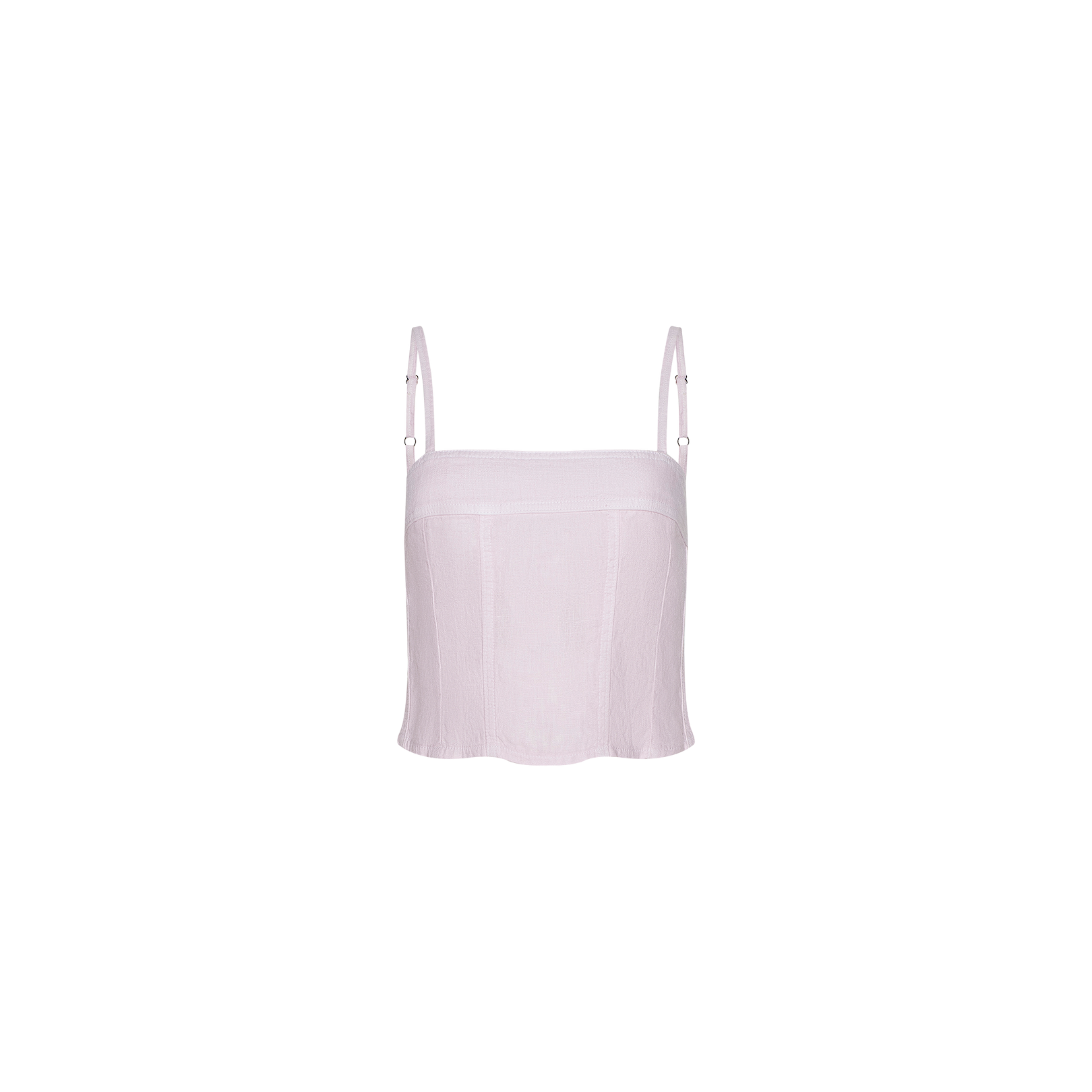 The Arlin Linen Tank is a light lavender, sleeveless corset top crafted from linen, featuring thin, adjustable spaghetti straps and shown against a plain white background.