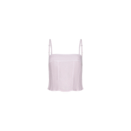 Arlin Linen Tank: A light lavender, sleeveless cropped corset top featuring thin adjustable shoulder straps, a square neckline, and a fitted silhouette with a slightly flared hem. Shown against a plain white background.