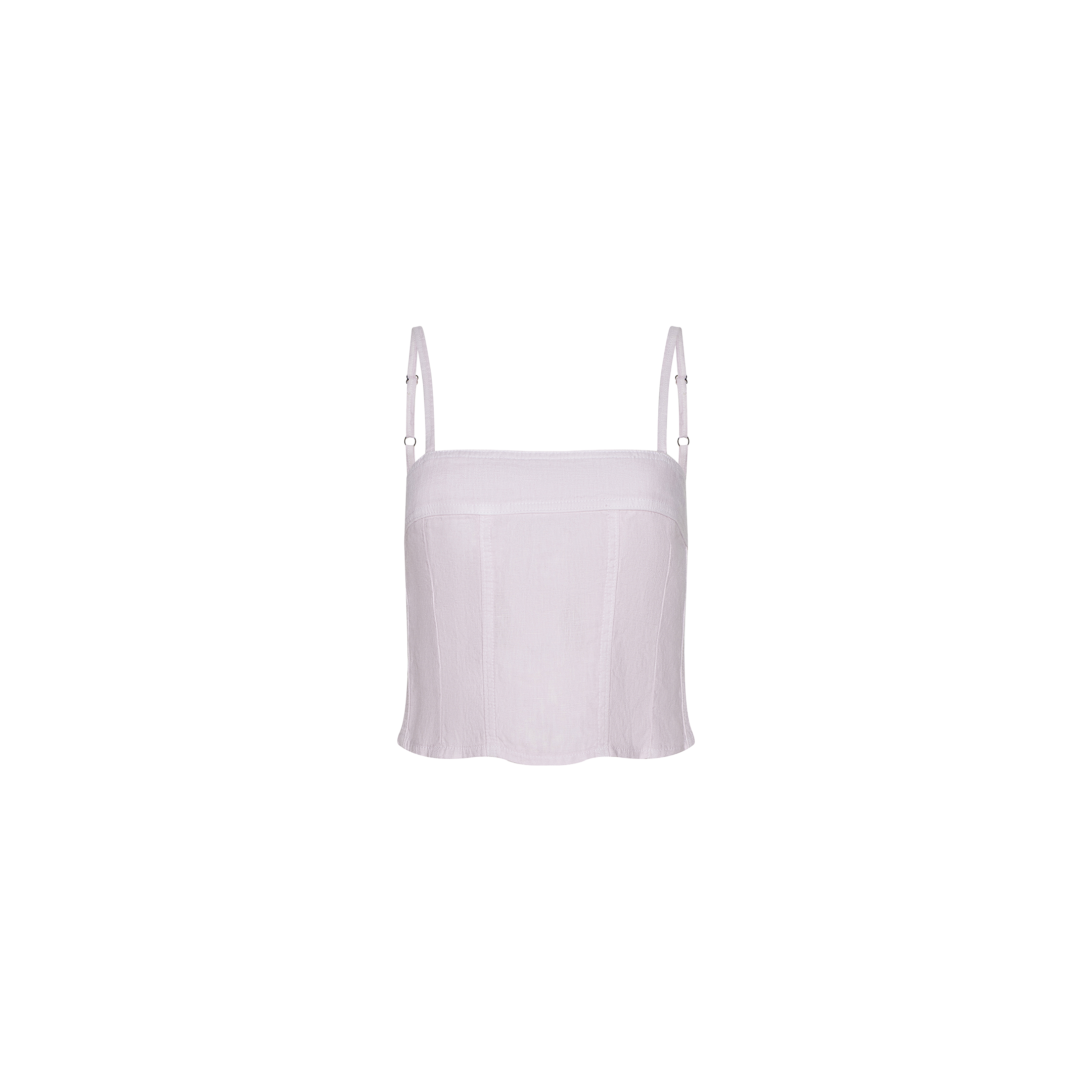 Arlin Linen Tank: A light lavender, sleeveless cropped corset top featuring thin adjustable shoulder straps, a square neckline, and a fitted silhouette with a slightly flared hem. Shown against a plain white background.