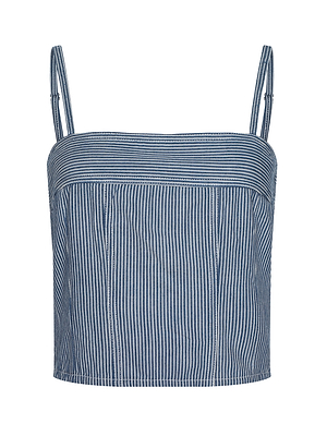 The Arlin Tank is a blue and white vertically striped corset top featuring thin shoulder straps and a straight neckline, shown on a plain white background.
