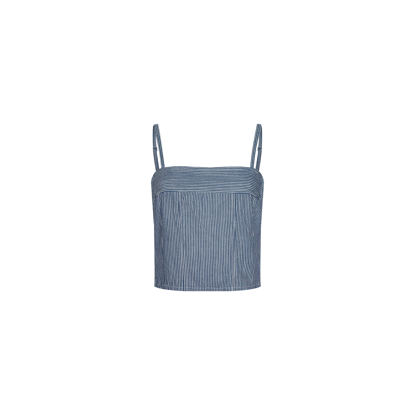 The Arlin Tank is a blue and white vertically striped camisole crop top with thin spaghetti straps, crafted from all-cotton denim in a flattering modern corset-inspired silhouette, shown on a plain white background.