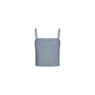 The Arlin Tank is a blue and white vertically striped camisole crop top with thin spaghetti straps, crafted from all-cotton denim in a flattering modern corset-inspired silhouette, shown on a plain white background.