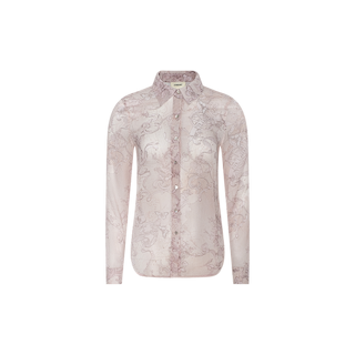 The Laurent Blouse is a relaxed fit, long sleeve button-down shirt in light pink, crafted from sheer poly chiffon with a delicate paisley pattern and shown against a plain white background.