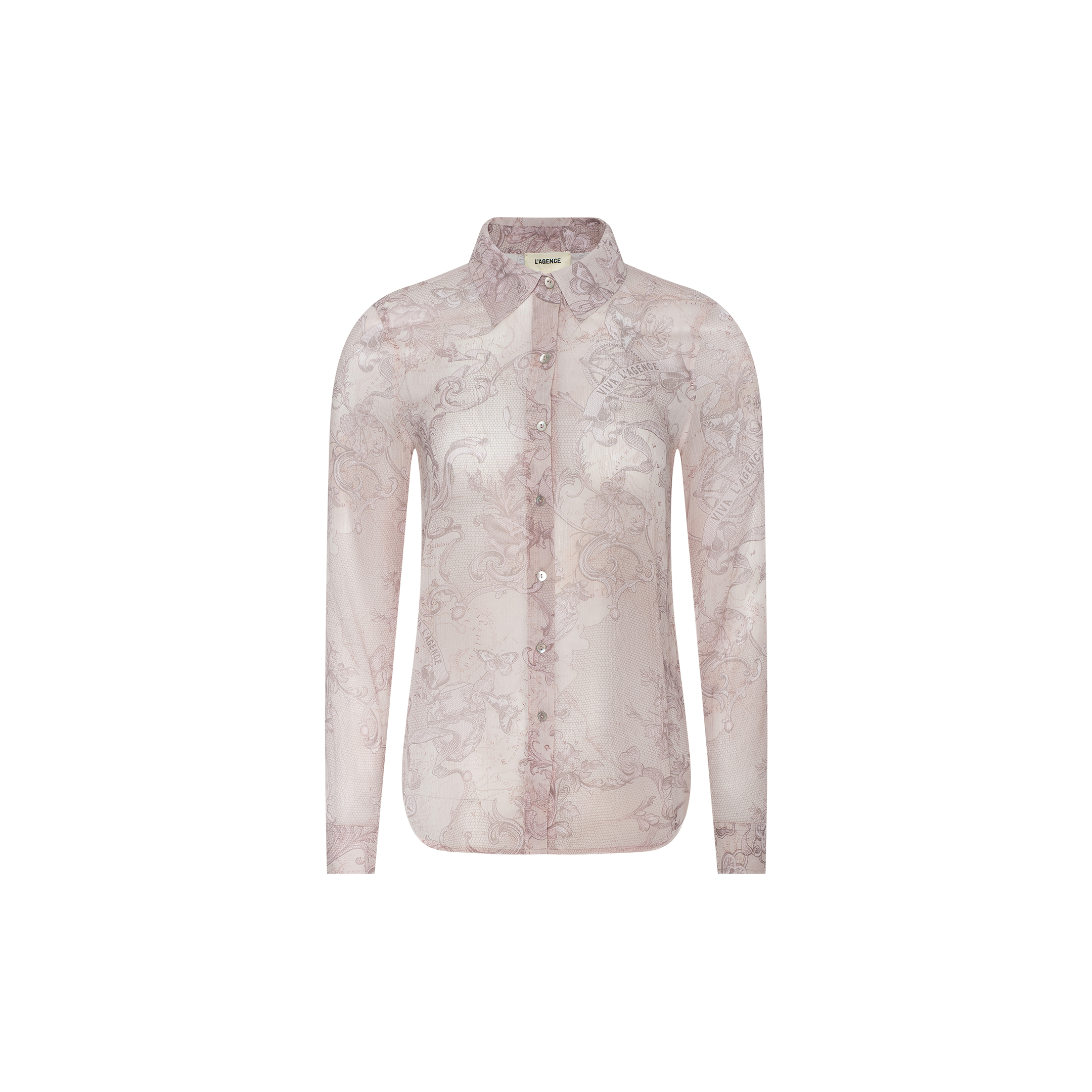 Laurent Blouse: A light pink sheer poly chiffon long-sleeve button-up blouse featuring a delicate swirling lace print and relaxed fit.