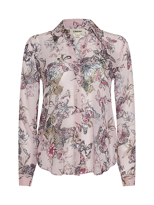 The Laurent Blouse is a long-sleeved, light pink collared top made from sheer poly chiffon, featuring an intricate butterfly jungle print in grey, brown, and red.