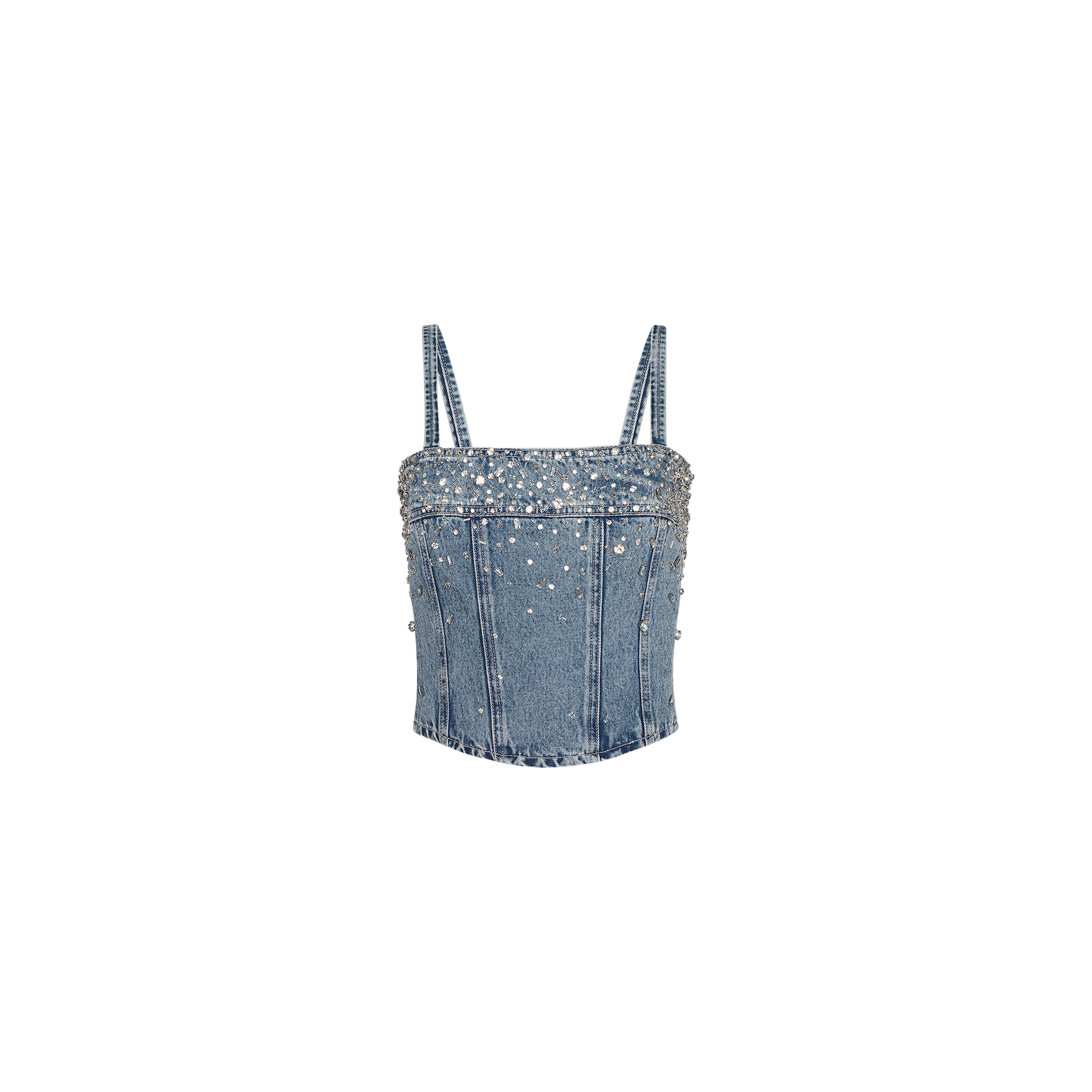 The Arlin Embellished Tank is a cropped blue denim corset top featuring thin straps and sparkling crystal-studded embellishments on the front, displayed against a plain white background.