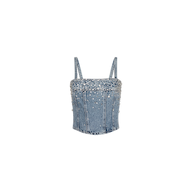 The Arlin Embellished Tank is a cropped blue denim corset top featuring thin straps and sparkling crystal-studded embellishments on the front, displayed against a plain white background.