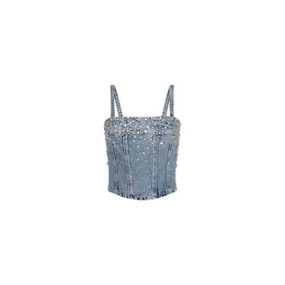 The Arlin Embellished Tank is a cropped blue denim corset top featuring thin straps and sparkling crystal-studded embellishments on the front, displayed against a plain white background.