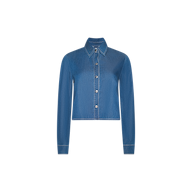 The Annette Chambray Shirt, featuring a blue color, long sleeves, a collared neckline, button-down front, and a relaxed fit, is displayed on a plain white background.