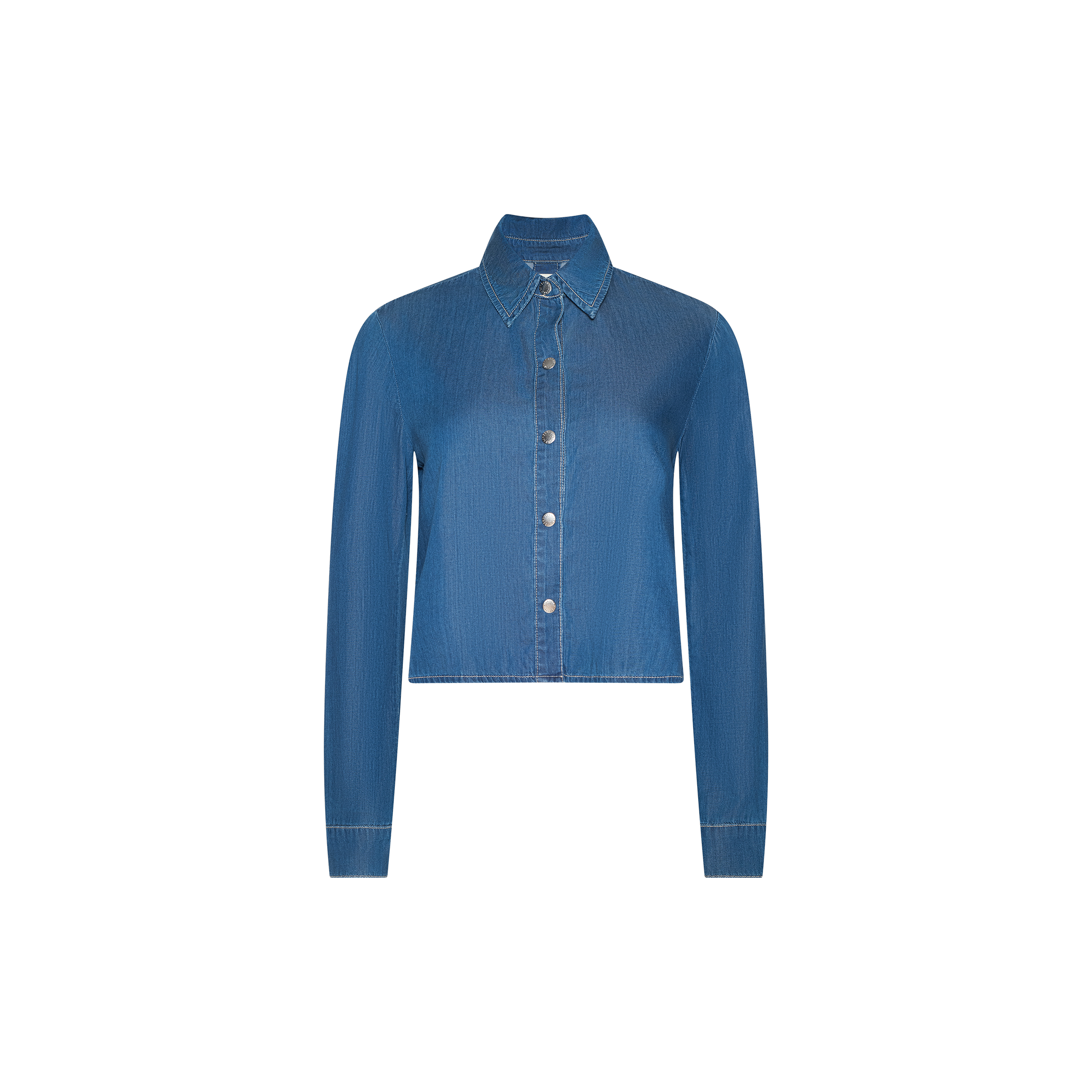 The Annette Chambray Shirt, featuring a blue color, long sleeves, a collared neckline, button-down front, and a relaxed fit, is displayed on a plain white background.