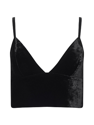 The Aislin Velvet Bralette by L'AGENCE features adjustable straps and a deep V-neckline, crafted from luxurious silk-infused black velvet, and is showcased on a plain white background.