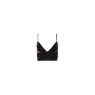 The Aislin Velvet Bralette in black features thin adjustable straps and a deep V neckline, showcased against a plain white background.