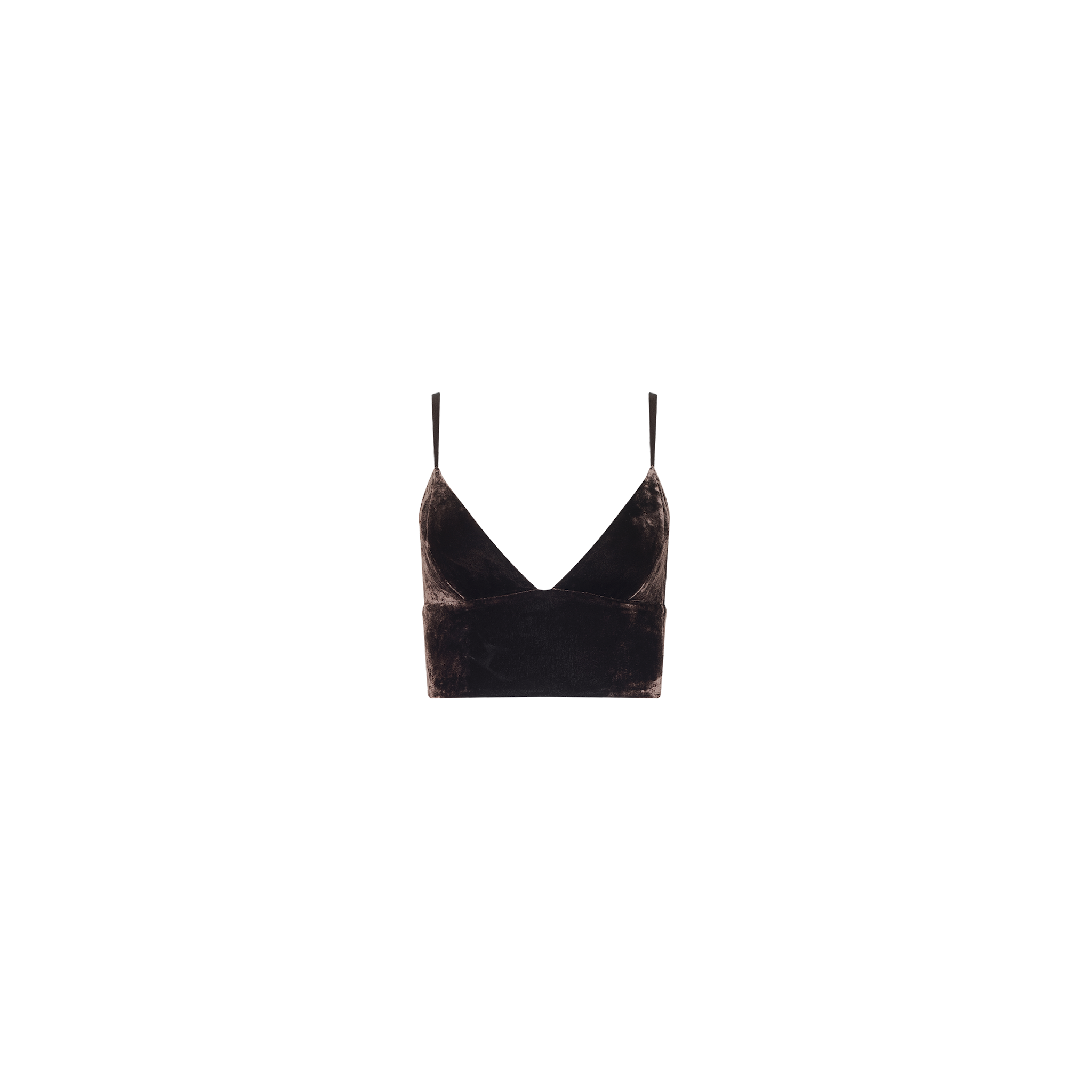 The Aislin Velvet Bralette in black features thin adjustable straps and a deep V neckline, showcased against a plain white background.