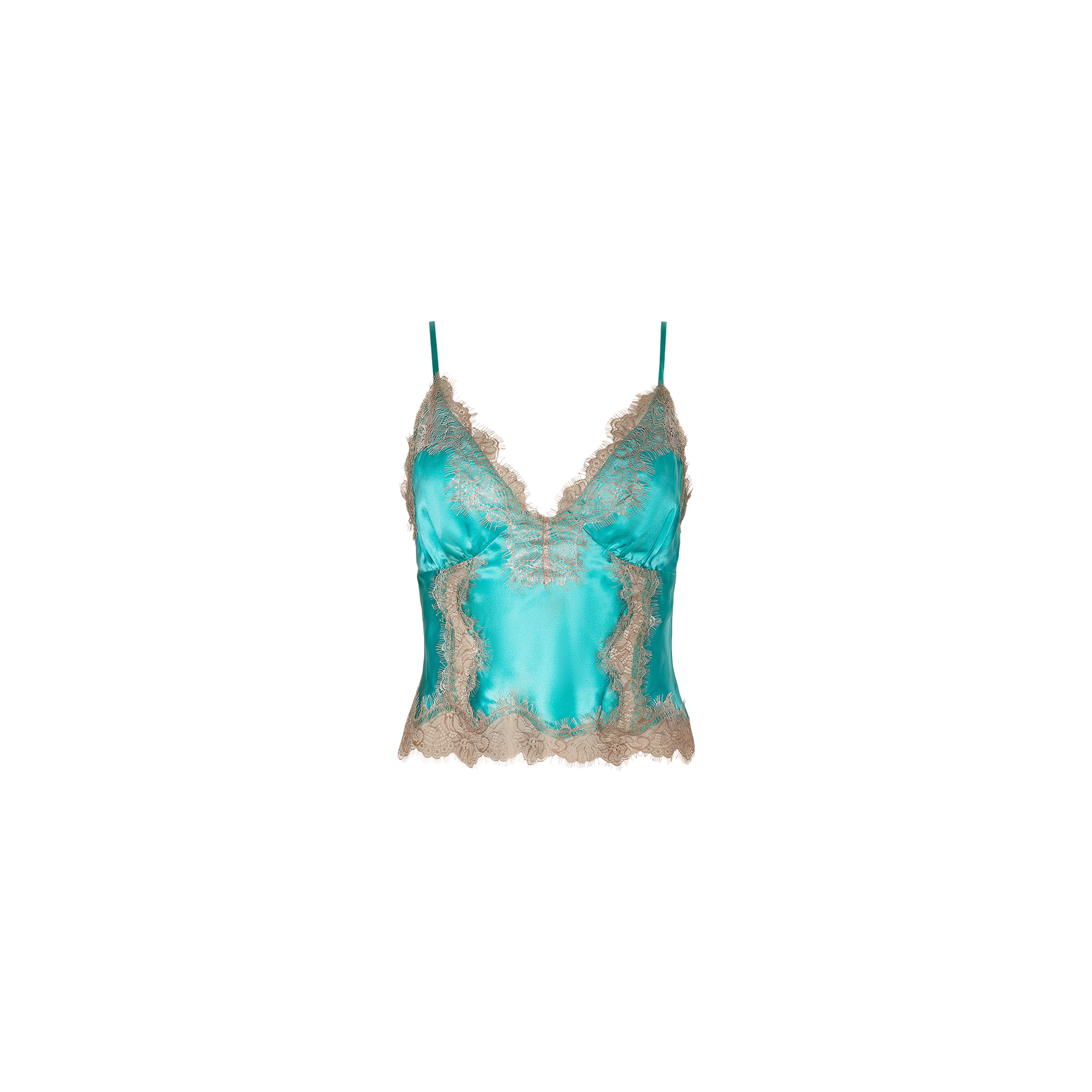 The Kimber Silk Lace Camisole is a turquoise satin camisole featuring thin straps and beige lace trim along the neckline and hem, displayed on a plain white background.