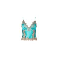 The Kimber Silk Lace Camisole is a turquoise satin camisole featuring thin straps and beige lace trim along the neckline and hem, displayed on a plain white background.