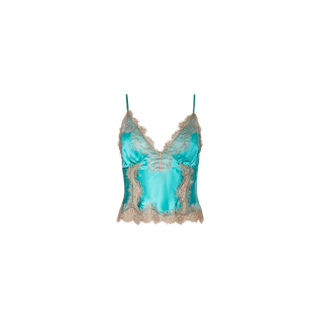 The Kimber Silk Lace Camisole is a teal satin silk top with thin straps and beige lace trim accenting the deep V-neckline and hem, shown against a plain white background.