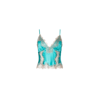 The Kimber Silk Lace Camisole is a turquoise silk top featuring delicate cream lace trim along the neckline and hem, a deep V-neckline, thin spaghetti straps, and a fitted silhouette.