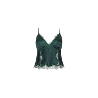 Kimber Silk Lace Camisole in dark green, featuring a deep V-neckline with lace trim along the neck and hem.