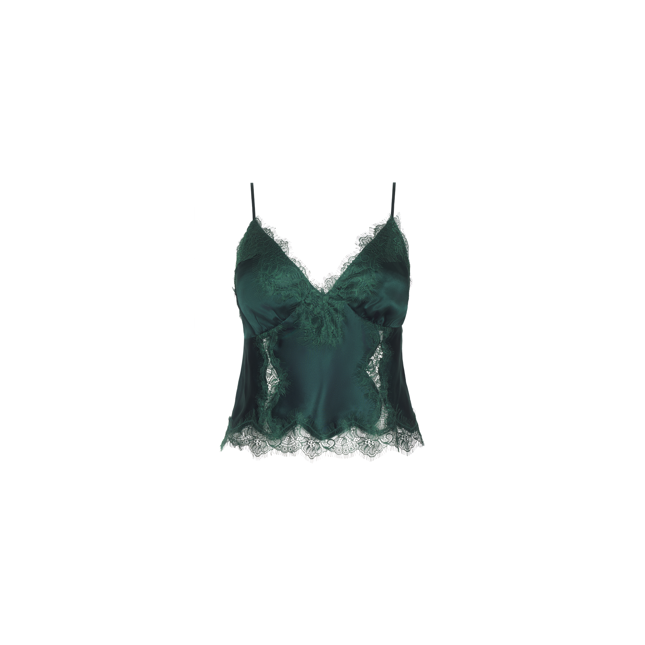 Kimber Silk Lace Camisole in dark green, featuring a deep V-neckline with lace trim along the neck and hem.