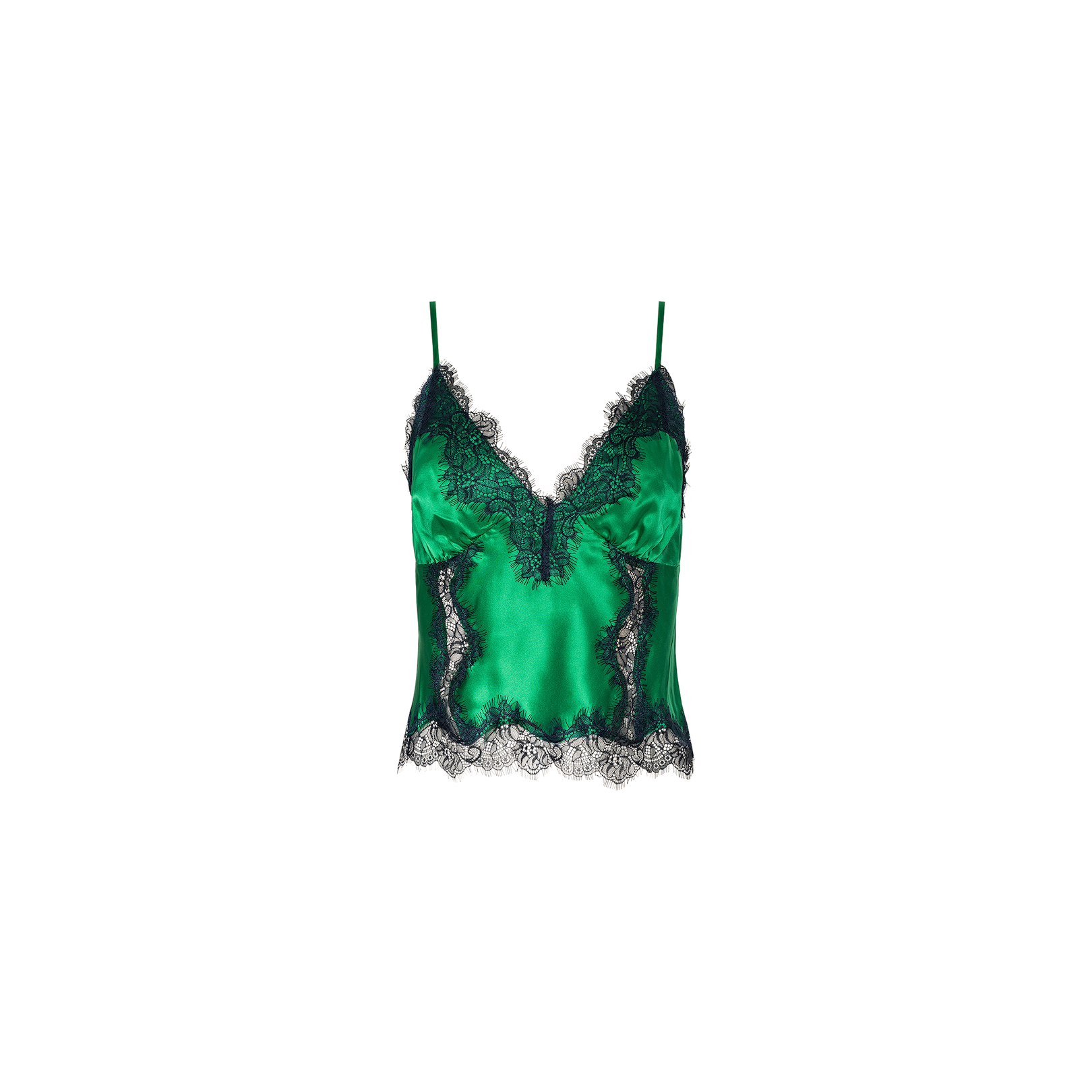 Kimber Silk Lace Camisole in green satin with black lace trim, featuring thin spaghetti straps and a V-neckline, displayed against a plain white background.