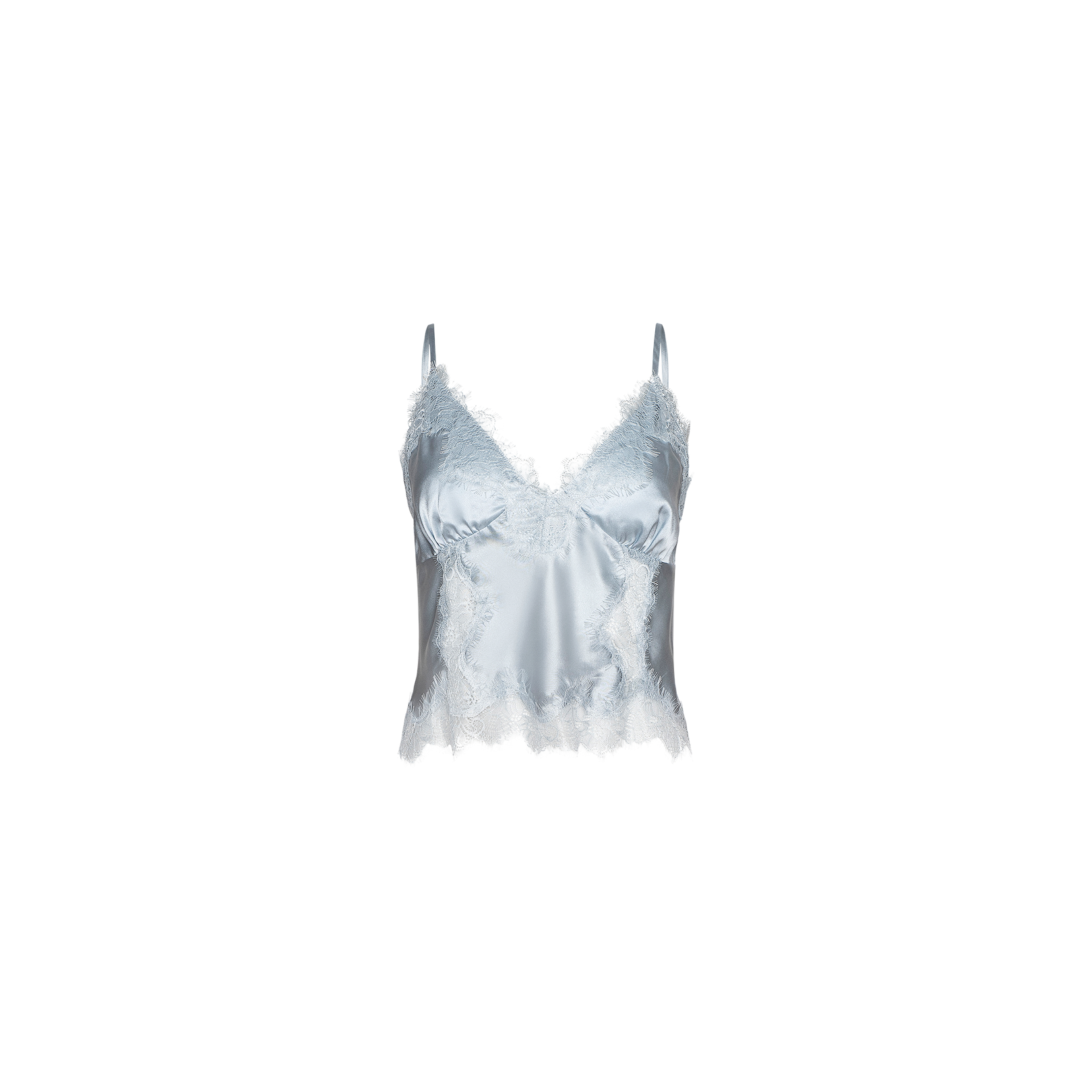 Kimber Silk Lace Camisole in light blue, crafted from satin with delicate lace accents along the neckline and hem, features thin adjustable straps and is displayed on a plain white background.