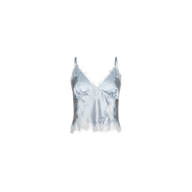 Kimber Silk Lace Camisole in light blue, crafted from satin with delicate lace accents along the neckline and hem, features thin adjustable straps and is displayed on a plain white background.