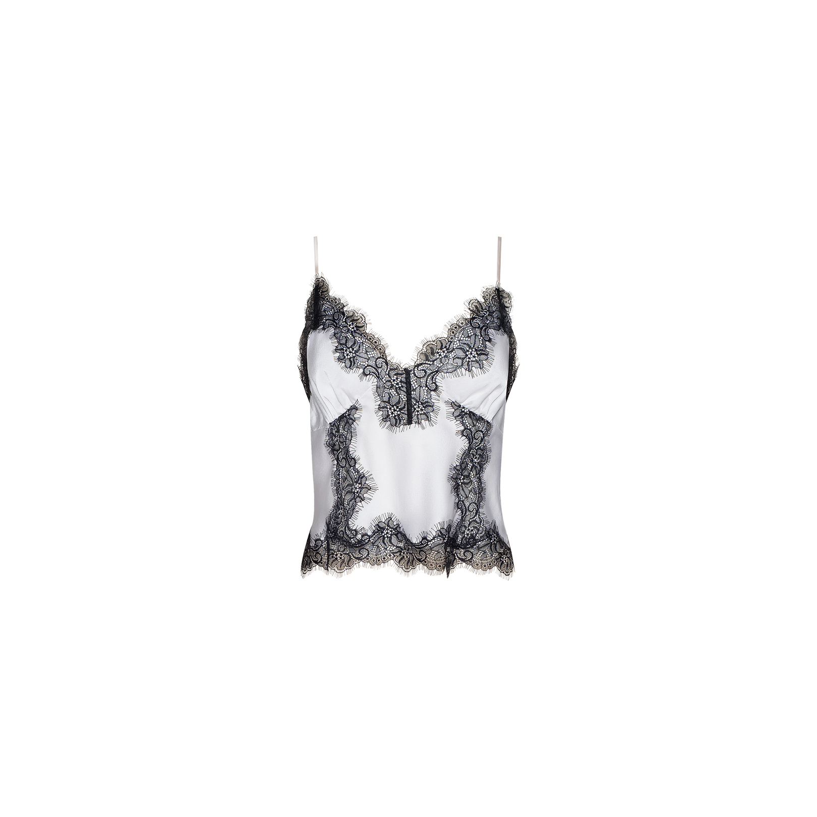 The Kimber Silk Lace Camisole is a white satin camisole with thin straps, featuring intricate black lace trim along the neckline, hem, and sides.