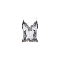 The Kimber Silk Lace Camisole is a white satin camisole with thin straps, featuring intricate black lace trim along the neckline, hem, and sides.
