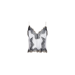 The Kimber Silk Lace Camisole, featuring a white satin finish and delicate black lace trim along the neckline, hem, and sides, is displayed against a plain white background.
